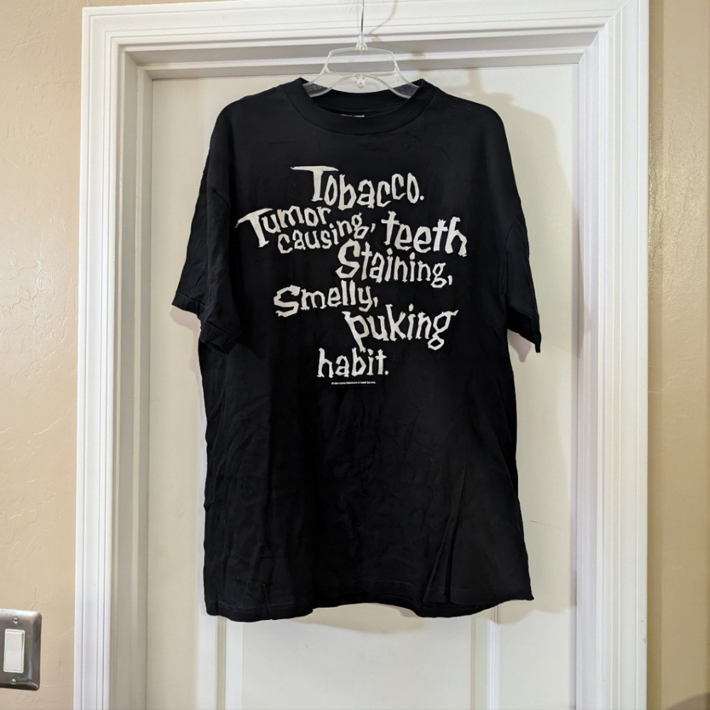 Vintage 1996 Tobacco Warning Graphic T-Shirt XL-Unisex Black